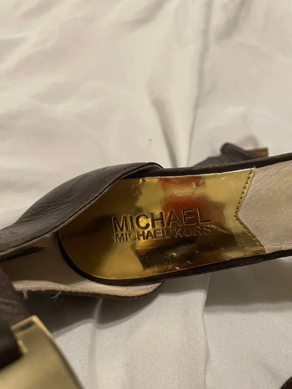 Michael Kors Dark Brown Pointed-Toe Ankle-Strap Heels with Gold Accent
